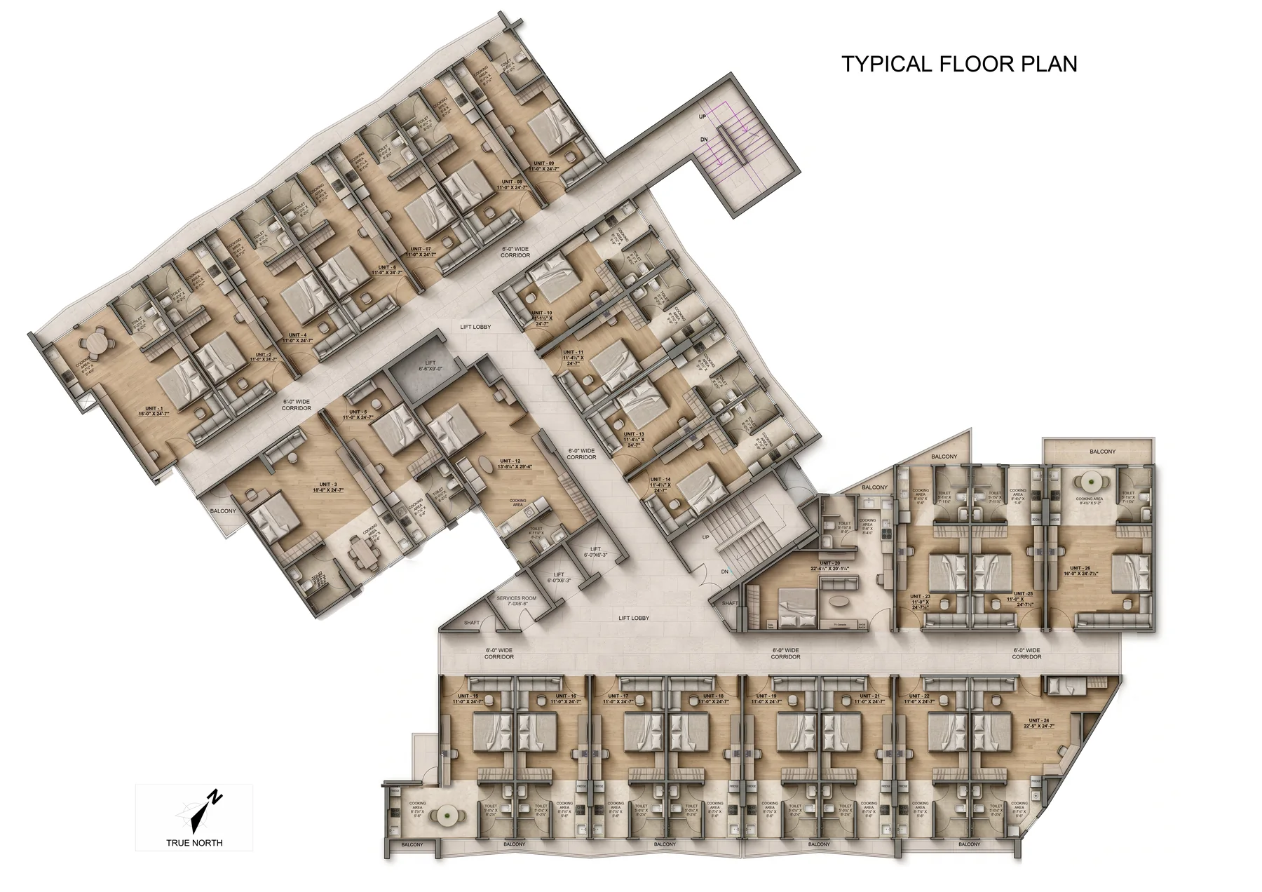 Typical floor plan of Nivasa — apartments around the lift lobby and 6 ft wide corridors