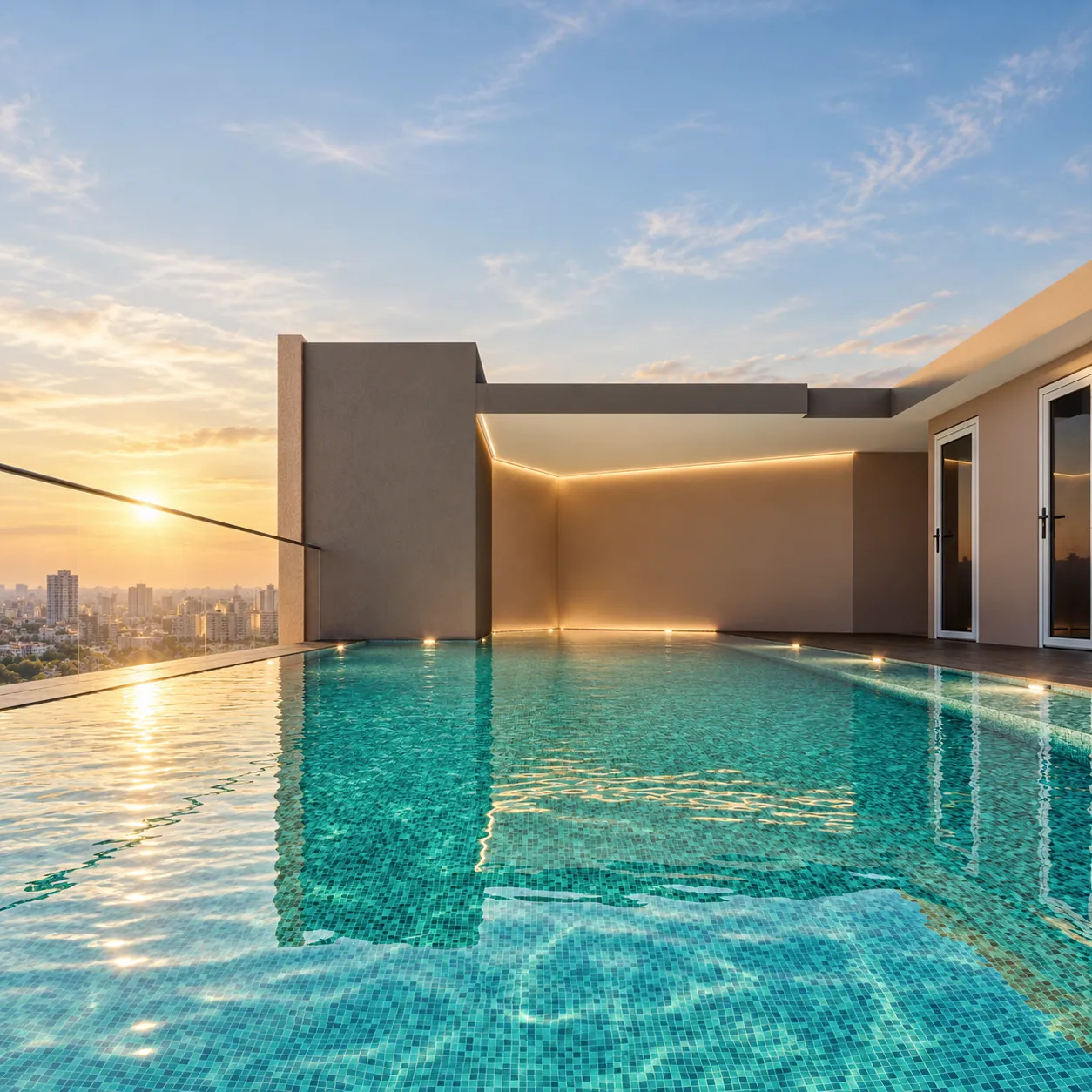 Rooftop waterbody at sunset — artistic impression