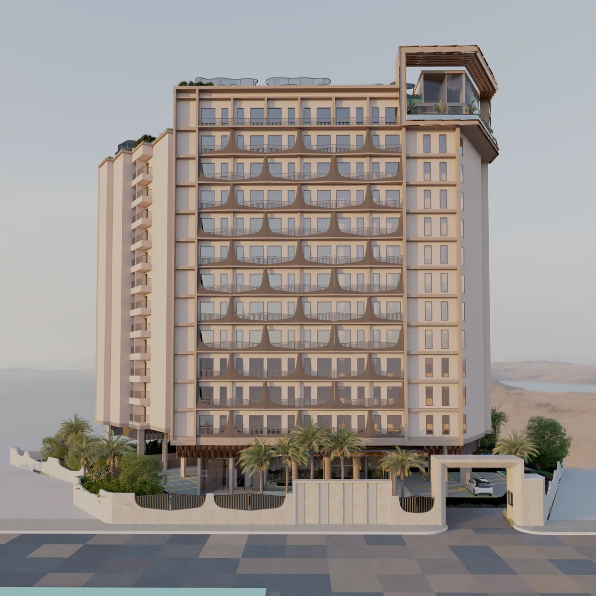 The full Nivasa tower with its landscaped base — artistic impression